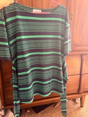 Liz Claiborne Teal and Navy Horizontal Stripe Knit Tee